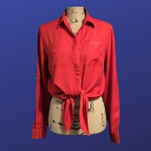 STYLE ENVY Tie-Front Long Sleeve Roll Tab Shirt, RED, Women’s Size Medium, NWOT